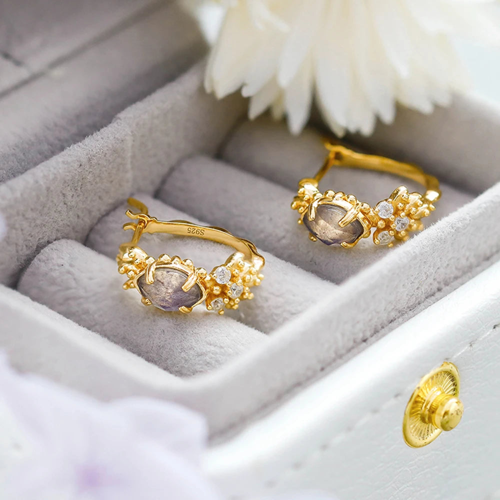 Emotional Factory 925 Sterling Silver 14K Gold Plated Gemstones Natural Cordierite Ring Zircon Labradorite Stud Earrings