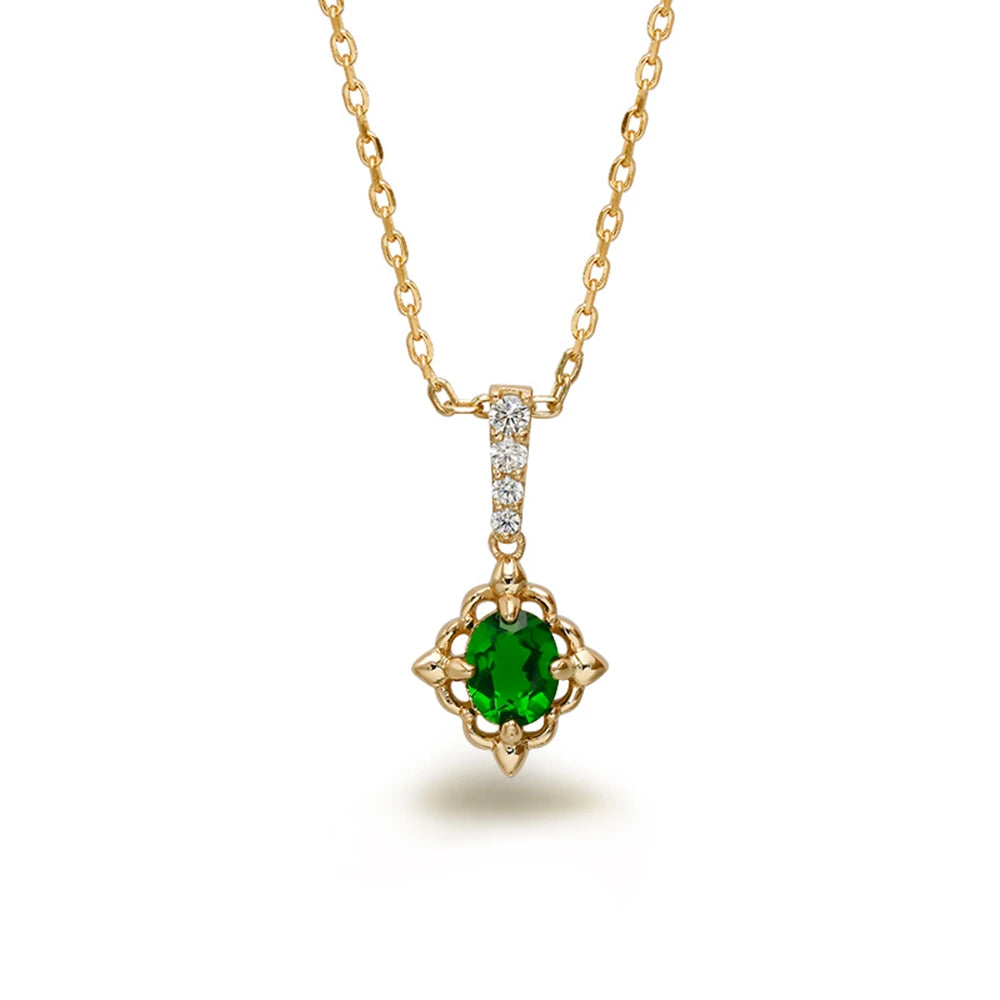 925 Sterling Silver 14K Gold Plated Gemstone Hollow Geometric Square Retro Cz Zircon Diopside Necklace