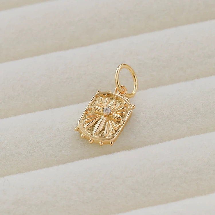 Emotional Factory 925 Sterling Silver 14K Gold Plated Gemstone Antique Badge Cross Carved Wave Point Pendant