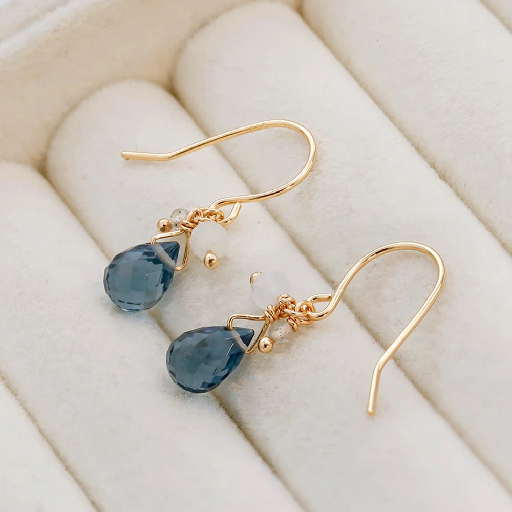 925 Sterling Silver 14K Gold Plated Gemstone Cz Zircon Teardrop Blue Quartz Stone Earrings