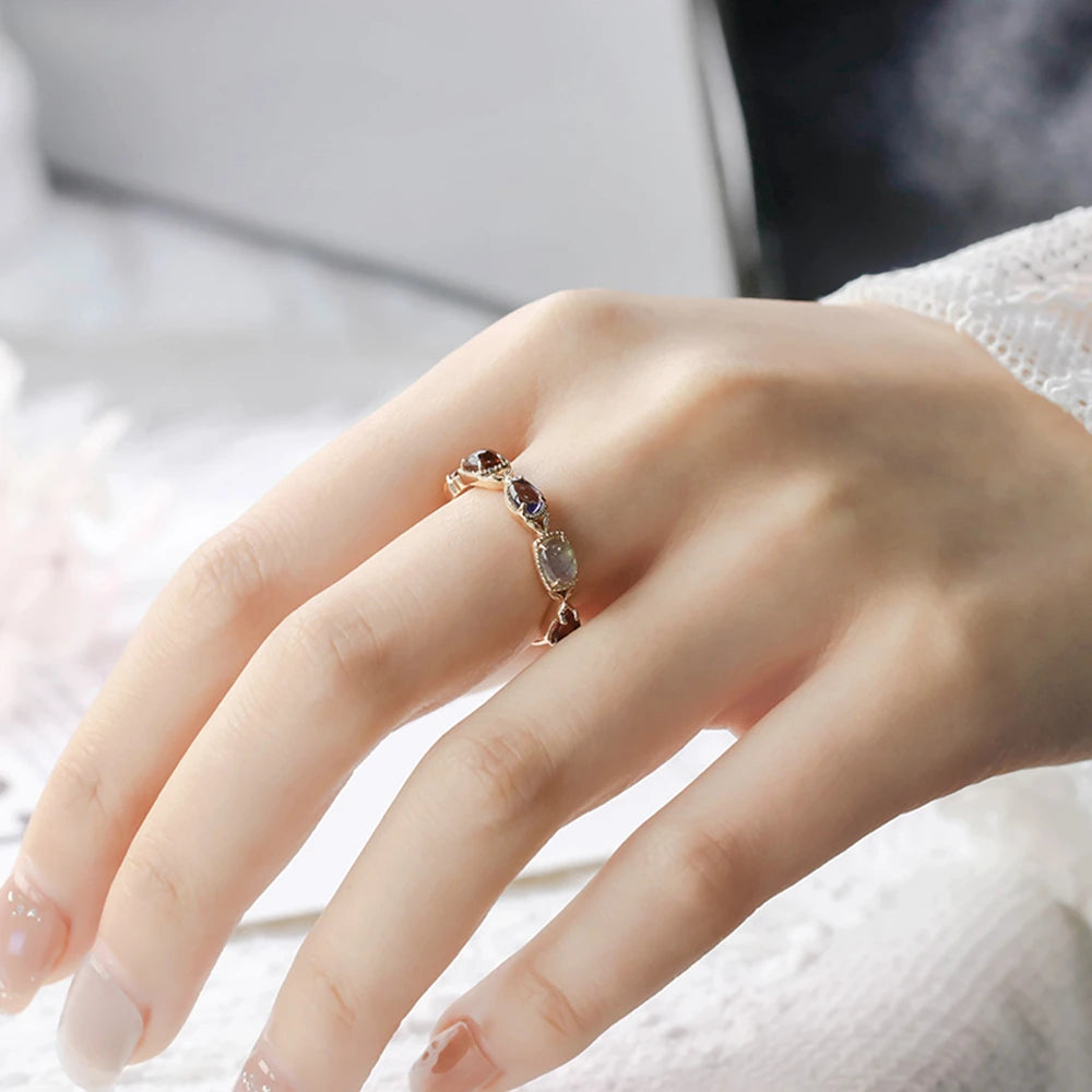 925 Sterling Silver 14K Gold Plated Gemstone Literary Peridot Labradorite Dong Lapis Lazuli Citrine Sapphire Amber Ring