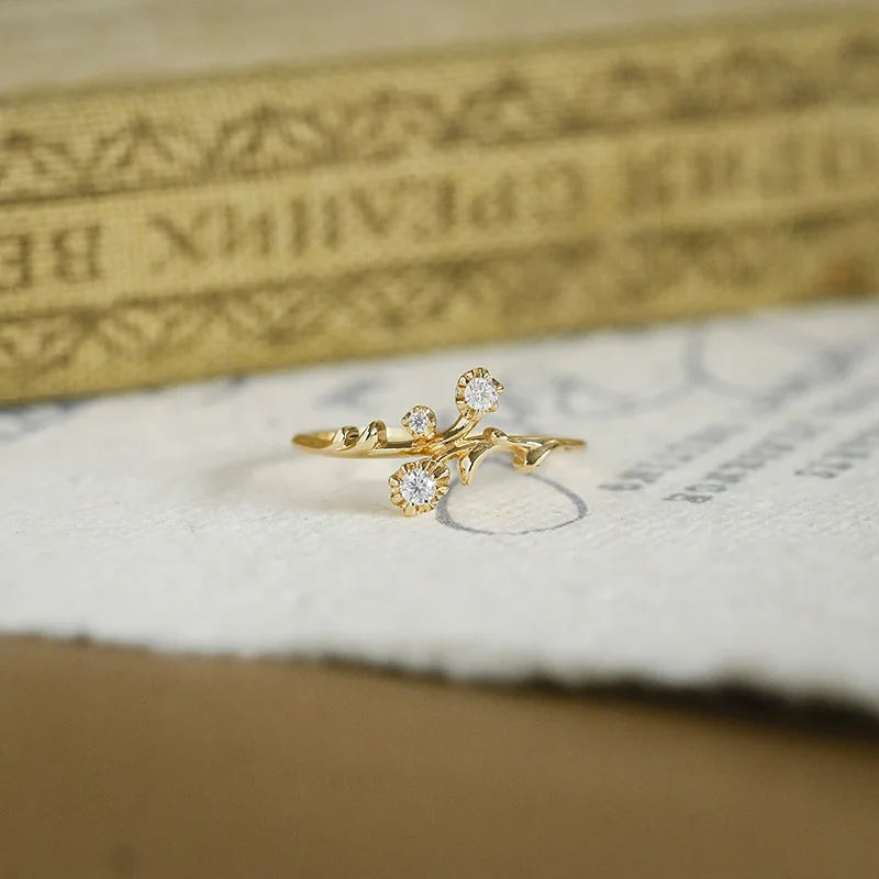 Emotional Factory 925 Sterling Silver 14K Gold Plated Gemstone Flower Branch Elegant Floral Moissanite Ring