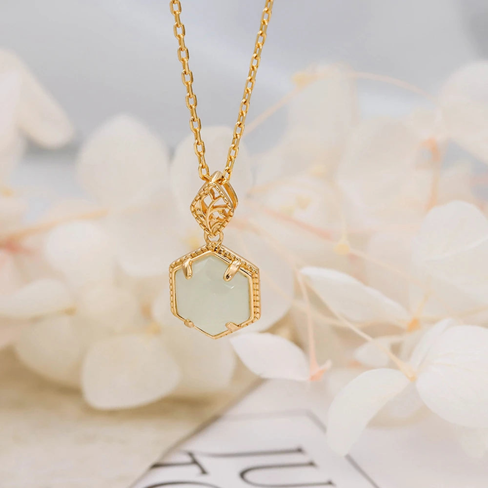 925 Sterling Silver 14K Gold Plated Gemstone Retro Vintage Hexagonal Jade Nephrite Necklace