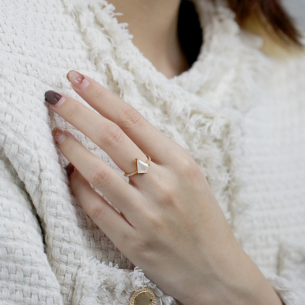 Emotional Custom Factory 925 Sterling Silver 14K Gold Plated  Gem Gemstone Zircon Diamond Shaped Moonstone Ring