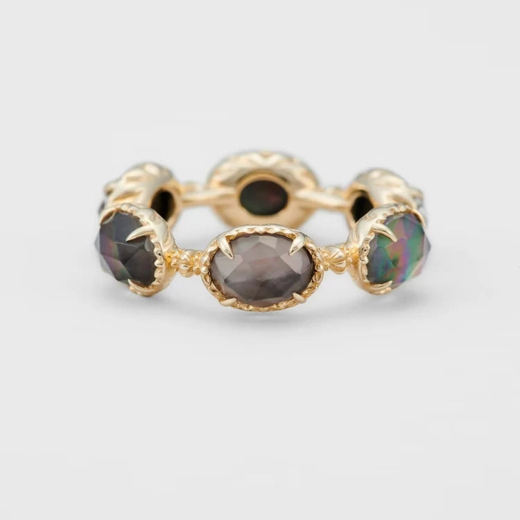 Emotional Factory 925 Sterling Silver 14K Plated Gemstone Gold Abalone Shell Hoop Rock Crystal Ring