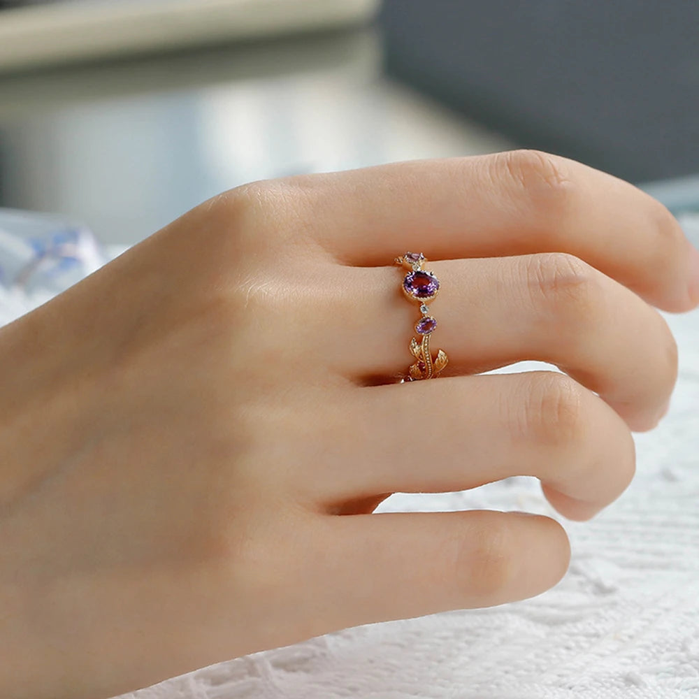 Emotional Factory 925 Sterling Silver 14K Gold Plated Gem Stone Gemstone Geometric Oval Cz Zircon Corundum Amethyst Ring