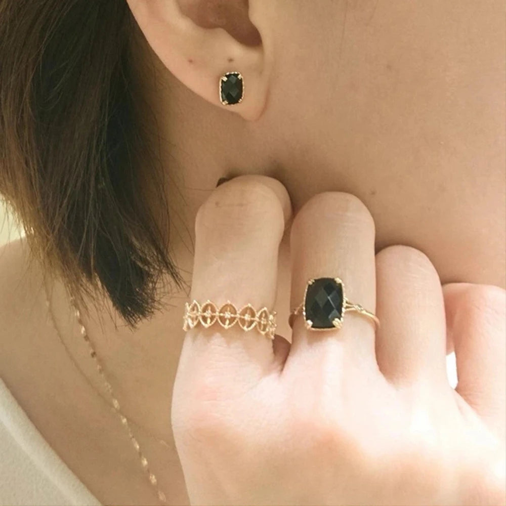 925 Sterling Silver 14K Gold Plated Gem Stone Vintage Style Geometrical Zircon Rectangular Black Agate Carnelian Onyx Ring