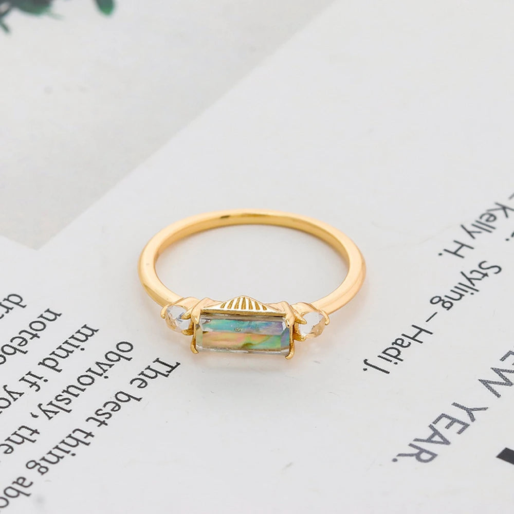 Gem Stone Gemstone Geometric Rectangle Rock Crystal Abalone Ring