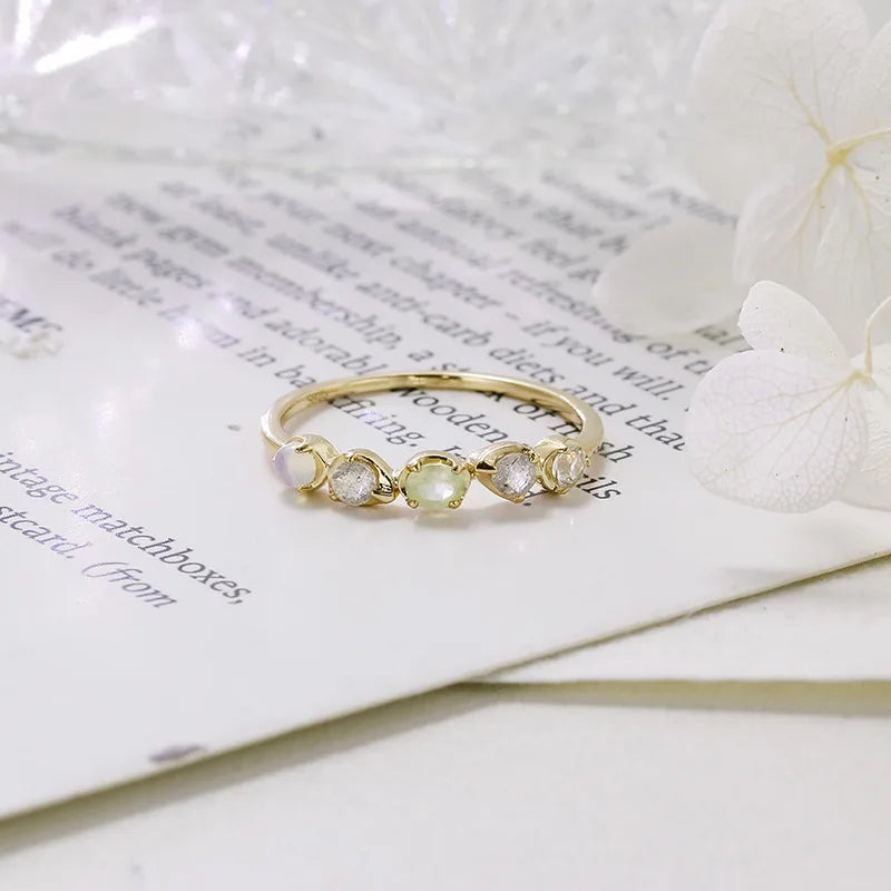 Emotional Factory 925 Sterling Silver 14K Gold Plated Multi Color Gemstone Labradorite Opal Topaz Prehnite Irregular Ring