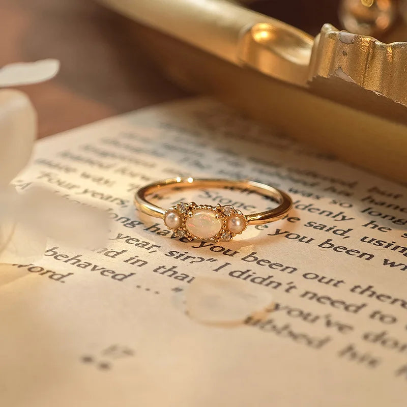 Emotional Factory 925 Sterling Silver 14K Gold Plated Gemstone Retro Cz Zircon African Opal Natural Pearl Ring