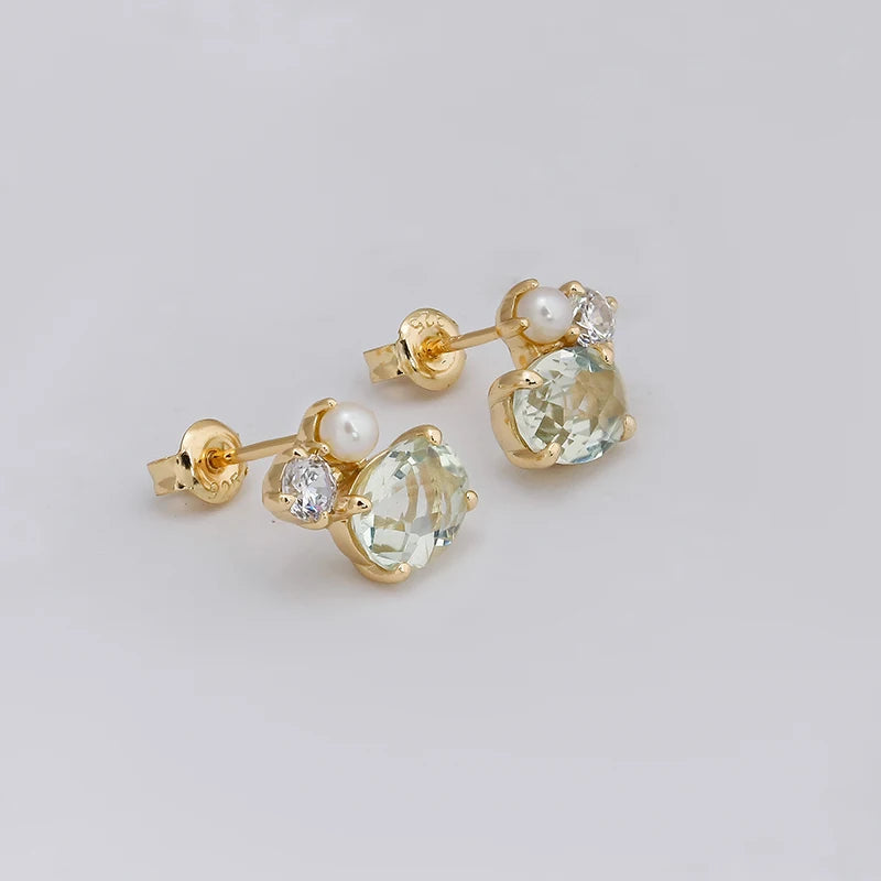 14K Gold Plated 925 Sterling Silver Earrings with Green Amethyst, Pearl, and Sparkling Zircon - Elegant Gemstone Cloud Design