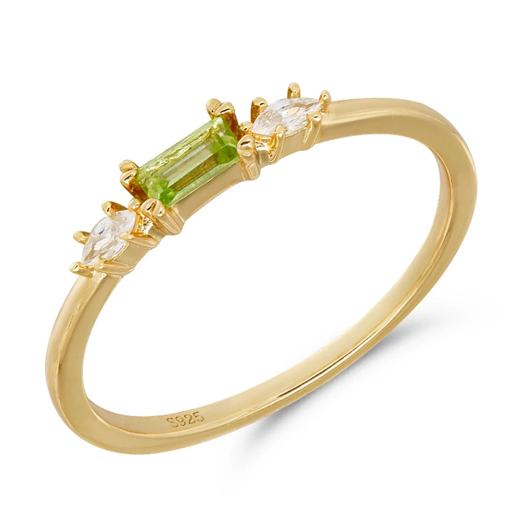 Joyeria Al Por Mayor Factory 925 Sterling Silver Gold Plated Gemstone Cz Zircon Geometric Rectangular Stone Green Peridot Ring