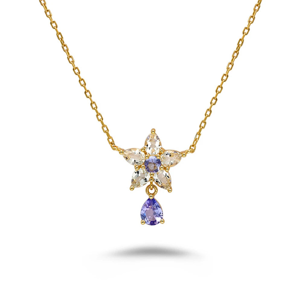 Emotional Factory 925 Sterling Silver 14K Gold Plated Gem Stone Gemstone Tanzanite Zircon Eustoma Flower White Topaz Necklace