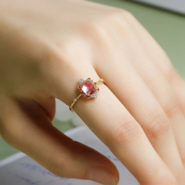 Emotional Factory 925 Sterling Silver 14K Gold Plated Gem Stone Gemstone Retro Cz Zircon Fresh Sweet Red Corundum Ring