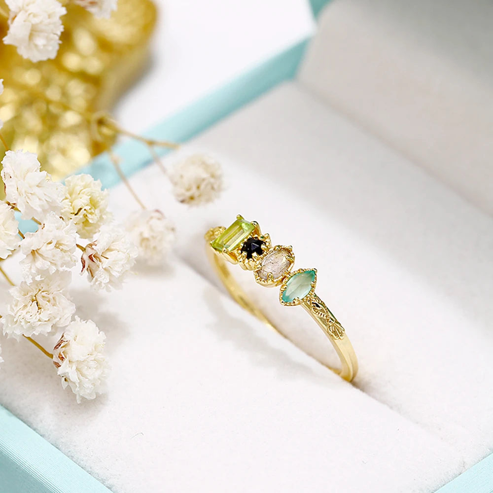 925 Sterling Silver 14K Gold Plated Gemstone Labradorite Black Onyx Peridot Chrysoprase Rainbow Gem Egg Round Square Stone Ring