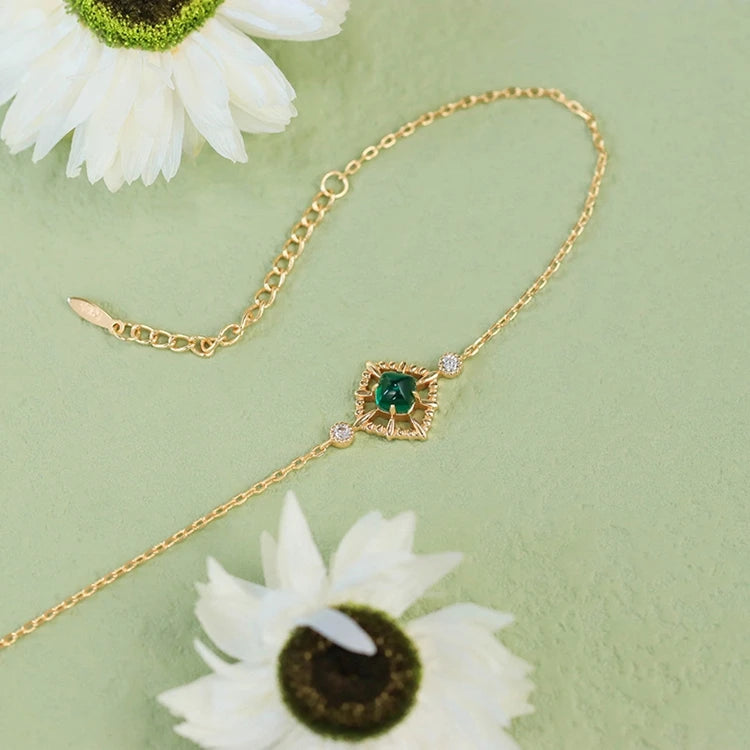 Emotional  Joyeria Factory 925 Sterling Silver 14K Gold Plated Gemstones Zircon Claw Setting Synthetic Emerald Bracelet