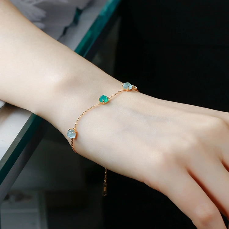 Emotional Frauen Schmuck Factory 925 Sterling Silver 14K Gold Plated Gemstone Blue Glass White Shell Chrysoprase Bracelet