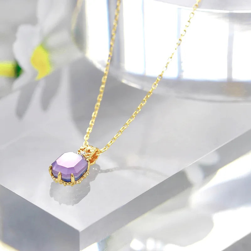 925 Sterling Silver 14K Gold Plated Gemstones Christmas Limited Happiness Olive Leaf Vintage Square Amethyst Necklace