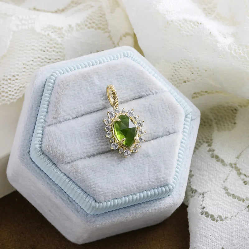 925 Sterling Silver 14K Gold Plated Gemstone Sun Shaped Peridot Glass Irregular Shape Pendant Vintage Necklace with Sample Chain