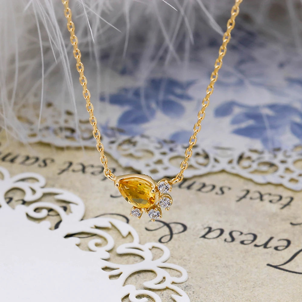 925 Sterling Silver 14K Gold Plated Gemstone Zircon Petals Drop Citrine Necklace With Natural Stone