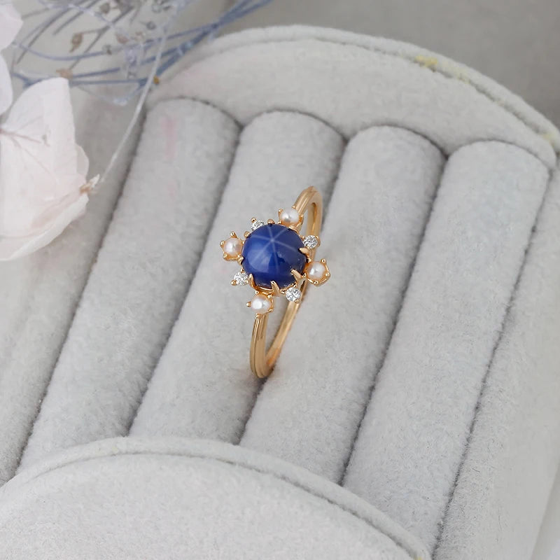 14K Gold Plated 925 Sterling Silver Snowflake Ring with Elegant Synthetic Star Sapphire ,Pearl and White Zircon
