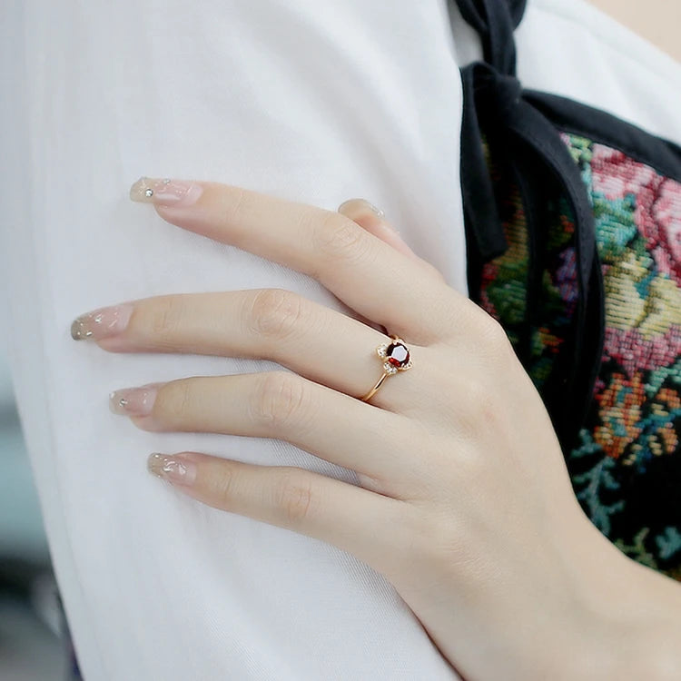 Emotional Factory 925 Sterling Silver 14K Gold Plated Gemstone Red Garnet Petal Shaped Cz Ring