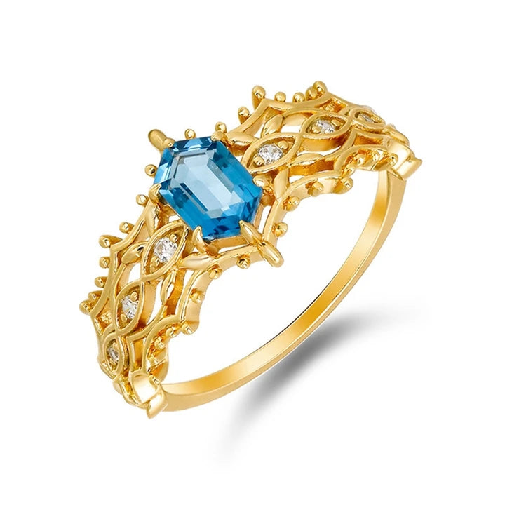 Emotional Factory 925 Sterling Silver 14K Gold Plated Gem Stone Gemstone Cz Zircon Geometric Lace London Blue Topaz Ring