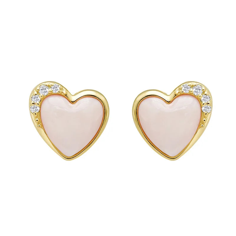 Three-Dimensional Love Pink Shellfish White Zircon Stud Earrings