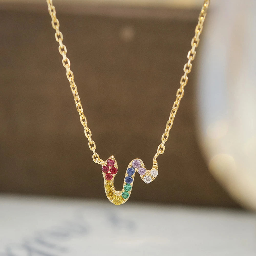 Emotional Factory 925 Sterling Silver 14K Gold Plated Gemstone Rainbow Stone Small Cute Snake Zircon Necklace