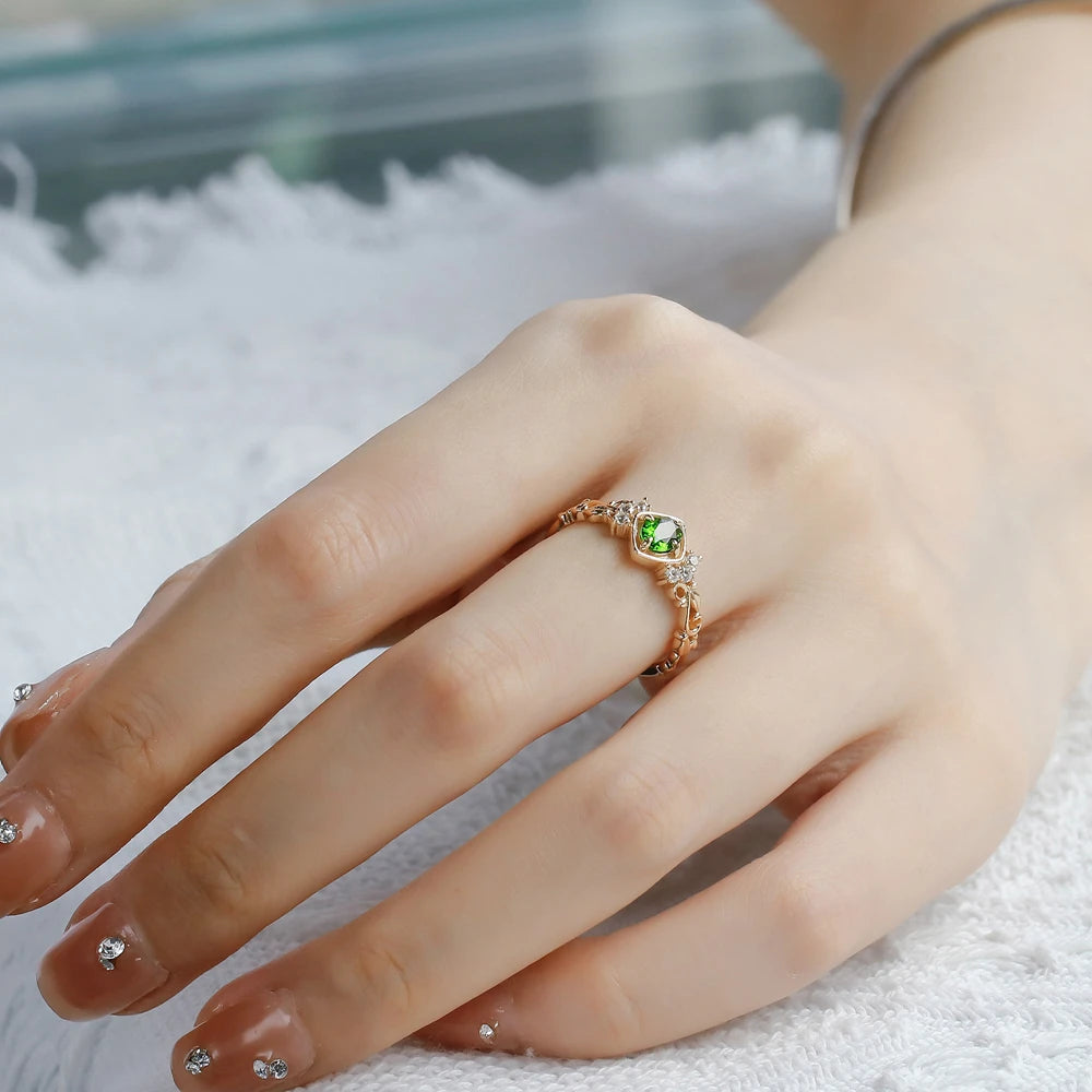 925 Sterling Silver 14K Gold Plated Gemstone Hollow Geometric Square Retro Cz Zircon Diopside Ring