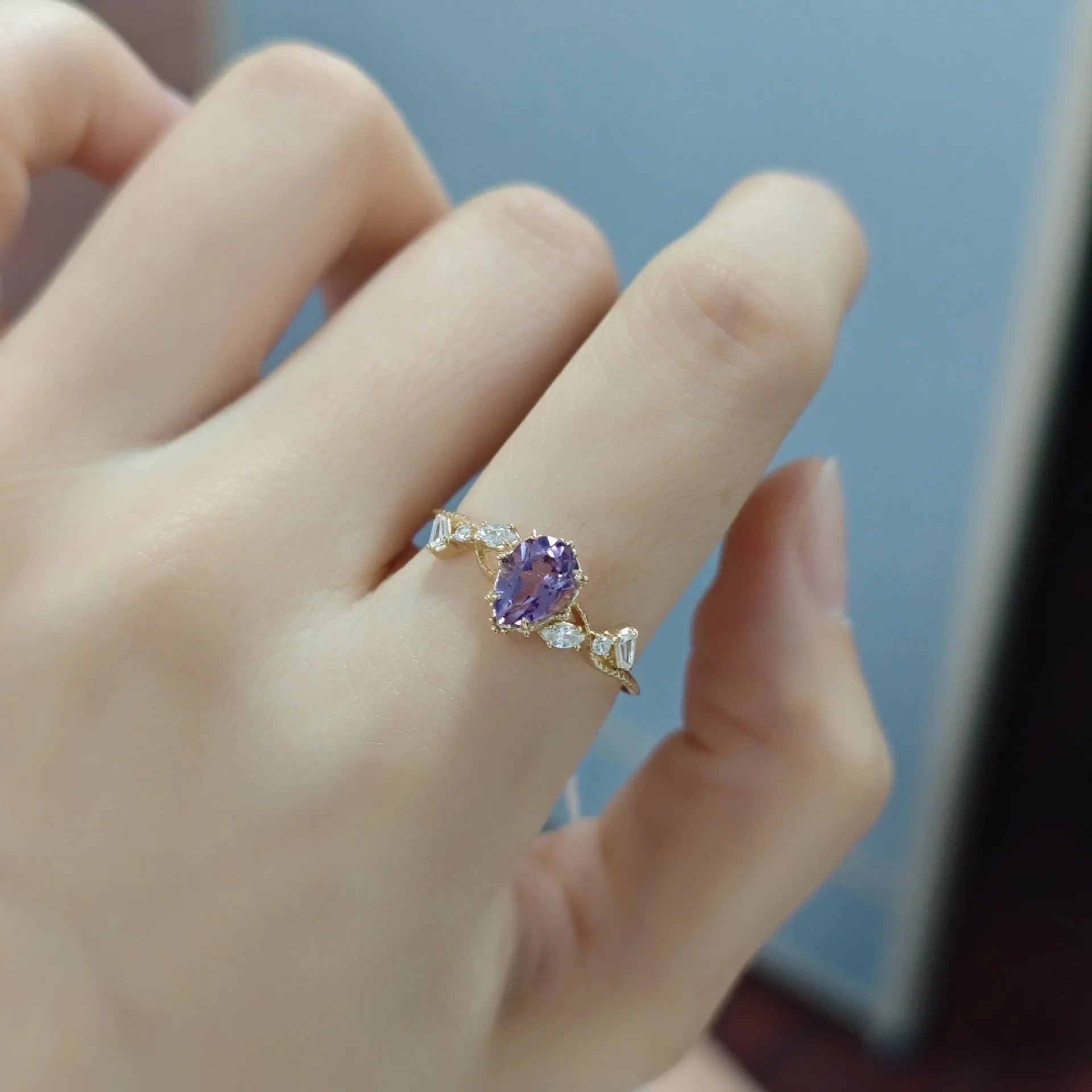 Emotional Factory 925 Sterling Silver 14K Gold Plated Gemstone Cz Zircon Geometrical Natural Amethyst Ring