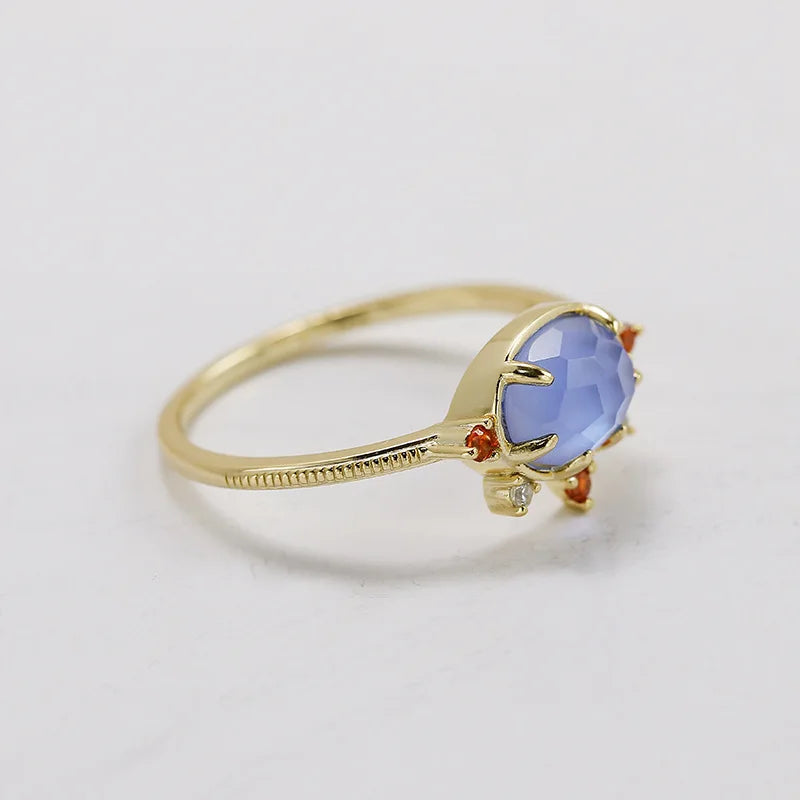 Emotional Factory 925 Sterling Silver 14K Gold Plated Gemstone Blue Glass Red Cz Zircon White Shell Ring