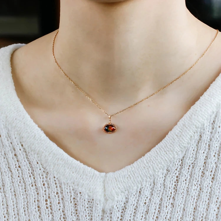 Emotional Factory 925 Sterling Silver 14K Gold Plated Gemstone Oval Natural Stone Ammolite Necklace