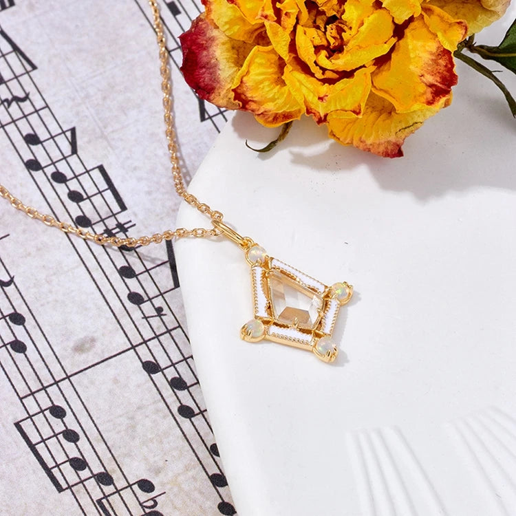 Emotional Factory 925 Sterling Silver 14K Gold Plated Gemstone Rock Crystal Opal Diamond Shaped Pendant