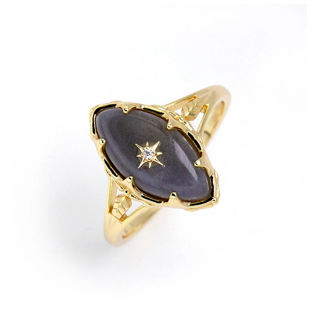 925 Sterling Silver 14K Gold Plated Gemstone Night Sky Stars Vintage Fantasy Women Grey Labradorite Ring