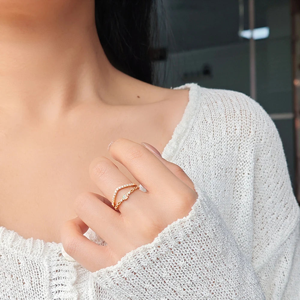 Emotional Factory 925 Sterling Silver 14K Gold Plated Gemstone Cz Zircon V Shaped Ring Stacking Rings