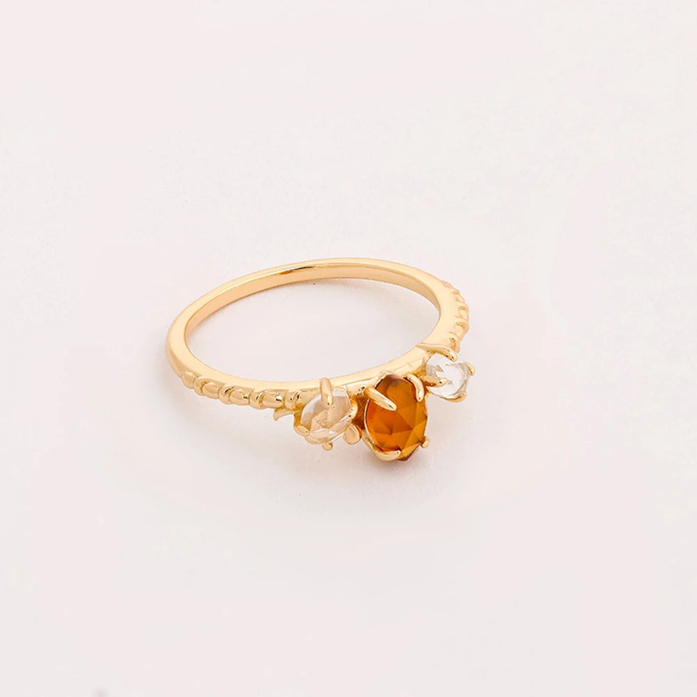 Emotional Factory 925 Sterling Silver 14K Gold Plated Gem Stone Gemstone Cz Zircon Natural Orange Garnet White Rock Crystal Ring