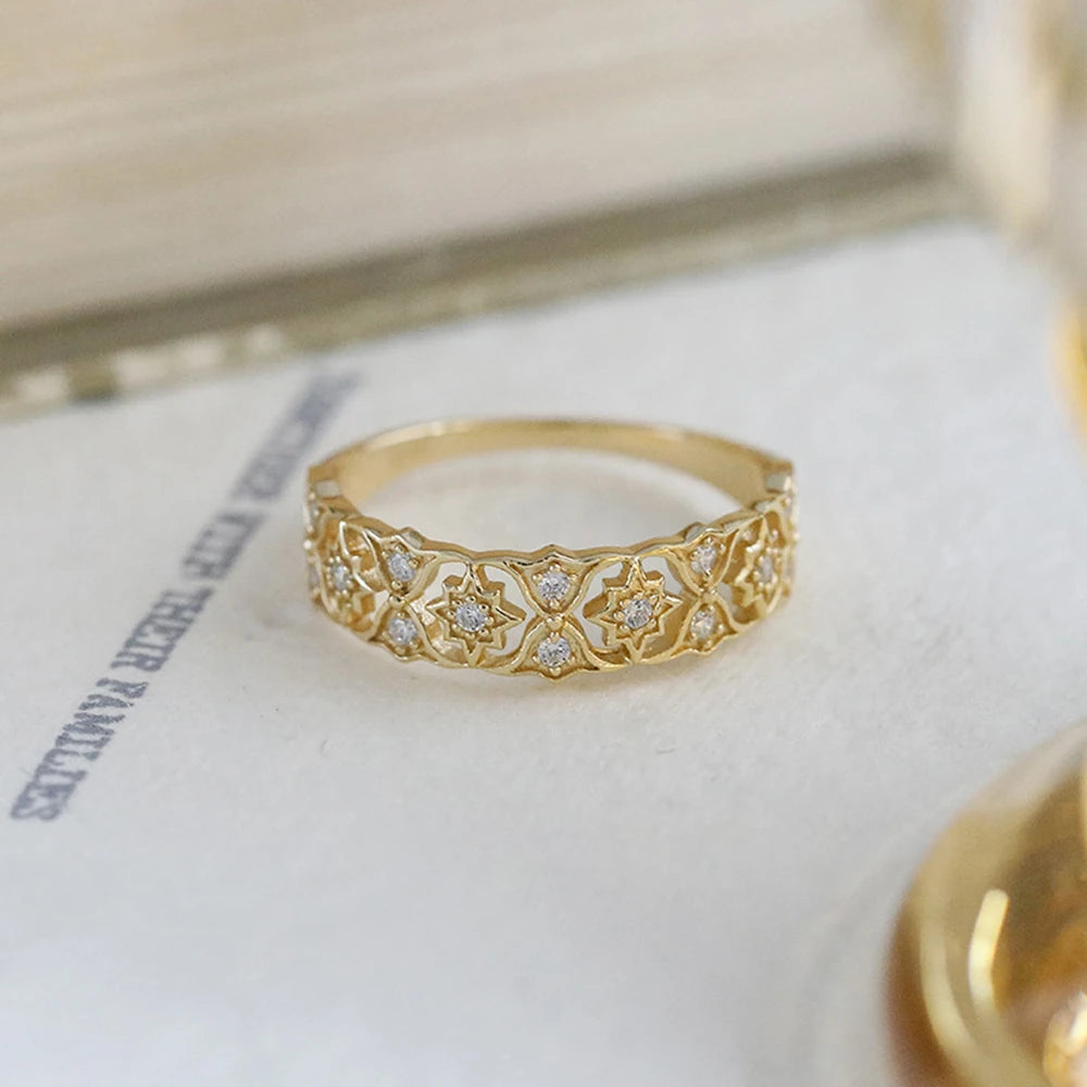 Emotional Factory 925 Sterling Silver 14K Gold Plated Gemstone Celestial Lace Hollow Pattern Zircon  Ring