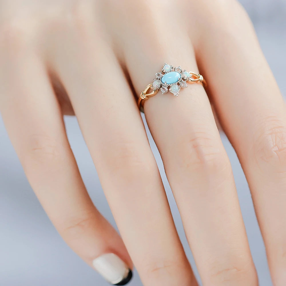 Gem Vintage Anemone Rhombus Natural Turquoise Opal Topaz Ring