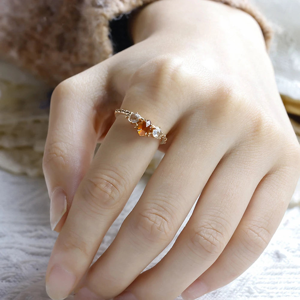 Emotional Factory 925 Sterling Silver 14K Gold Plated Gem Stone Gemstone Cz Zircon Natural Orange Garnet White Rock Crystal Ring