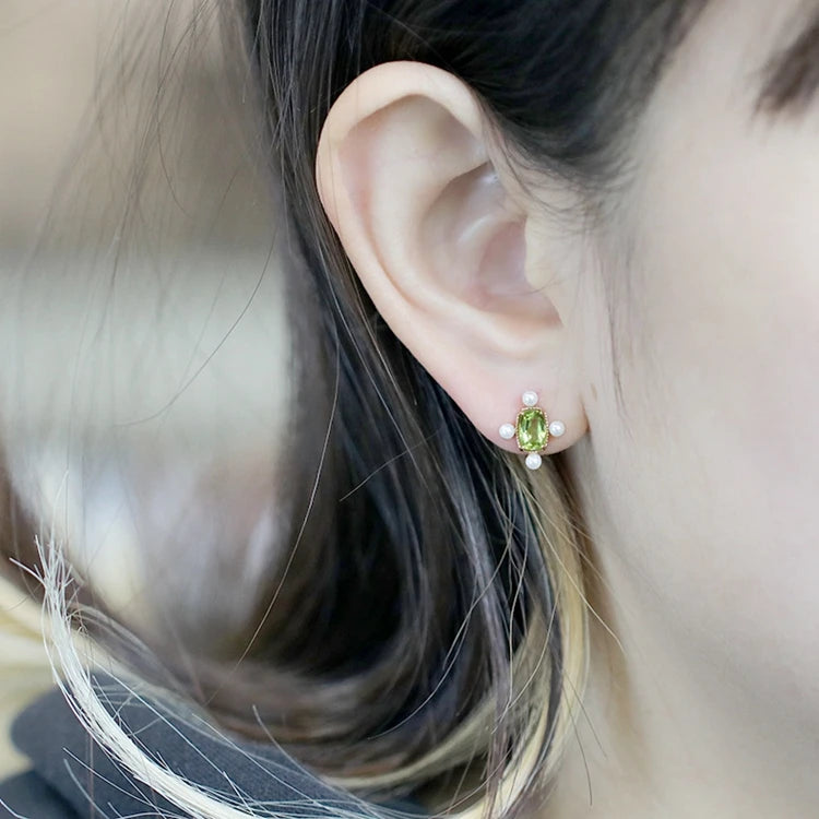 925 Sterling Silver 14K Gold Plated Gemstone Square Green Ring Pearl Natural Peridot Stud Earrings