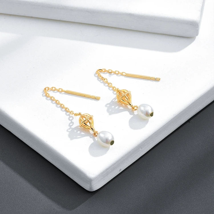 Emotional Factory 925 Sterling Silver 14K Gold Plated Gemstone Cage Basket Pearl String Earrings