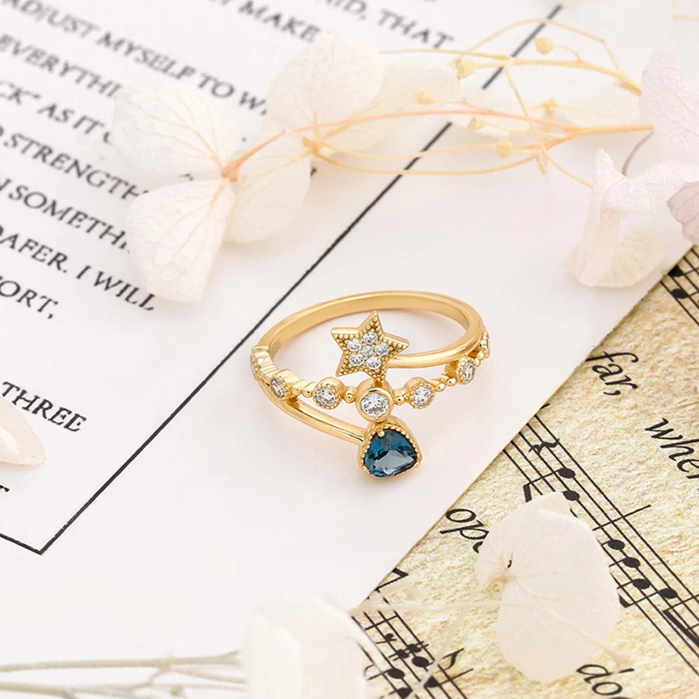 Emotional Factory 925 Sterling Silver 14K Gold Plated Gem Stone Gemstone Star Heart Cz Zircon London Blue Topaz Ring