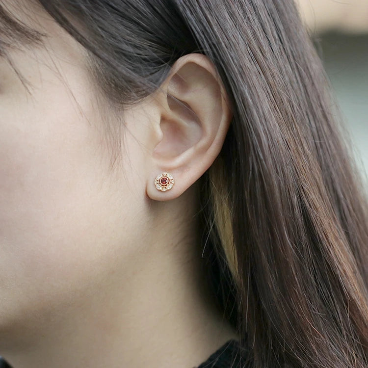 Emotional Factory 925 Sterling Silver 14K Gold Plated Gemstone Full Zircon Garnet Flower Round Stud Earrings