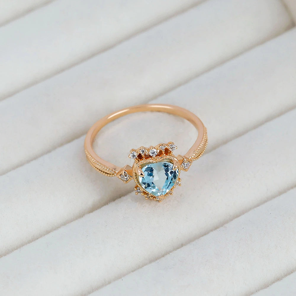 925 Sterling Silver 14K Gold Plated Gemstone Zircon Crown Heart Sjaped Sky Blue Topaz Ring