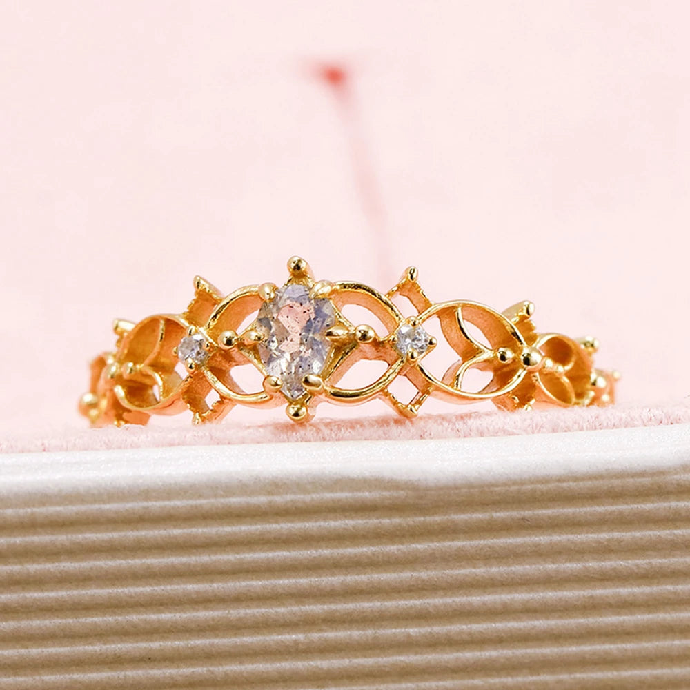 Emotional Anillos 925 Sterling Silver 14K Gold Plated Gem Stone Gemstone Cz Zircon Fashion Hollow Simple Clover Labradorite Ring