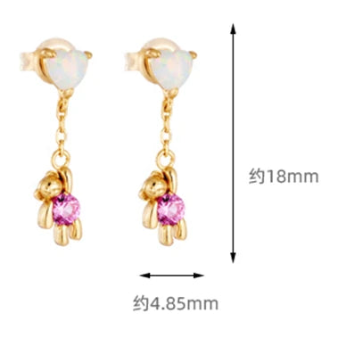 Emotional Factory Jewelry 925 Sterling Silver 14k Gold Plated Gemstone Series Chain Opal Red Corundum Bear Small Earrings