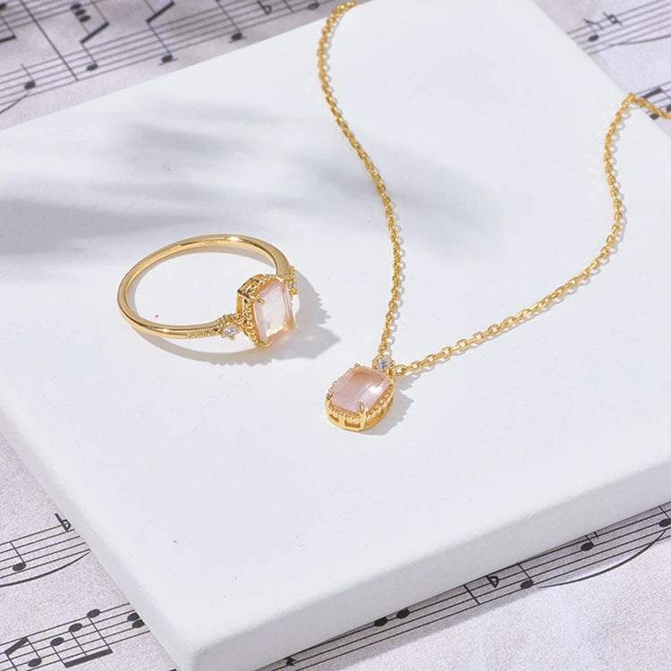 Emotional Factory 925 Sterling Silver 14K Gold Plated Gemstone 8Mm Stone Rectangle Pink Crystal Necklace