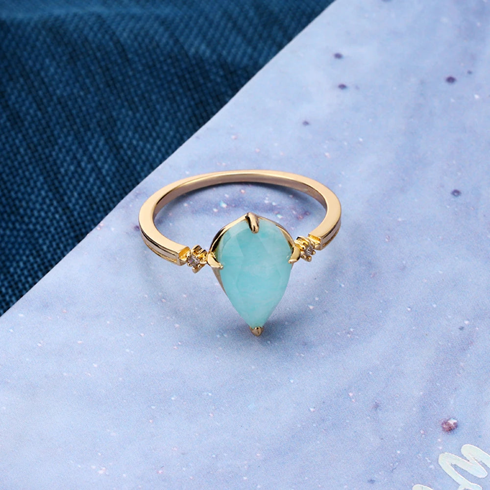 925 Sterling Silver Gold Plated Drop Shaped Double Layers Gemstone Rock Crystal Amazonite Clear Quartz Ring