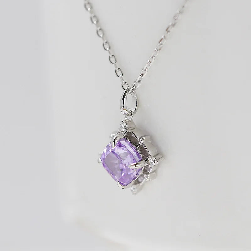 Emotional Factory 925 Sterling Silver 14K Gold Plated Gemstone Geometric Square Lavender Color Ice White Zirconia Necklace